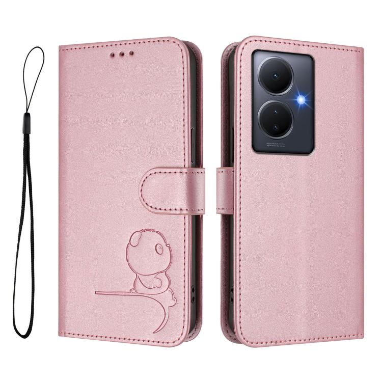 Litter Panda Embossing RFID Leather Phone Case with Lanyard, For vivo Y78+ / Y78 / V29 Lite, For vivo Y56 / Y16 / Y02s, For vivo V27 / V27 Pro, For vivo V27e 4G / S16e 5G / T2 4G