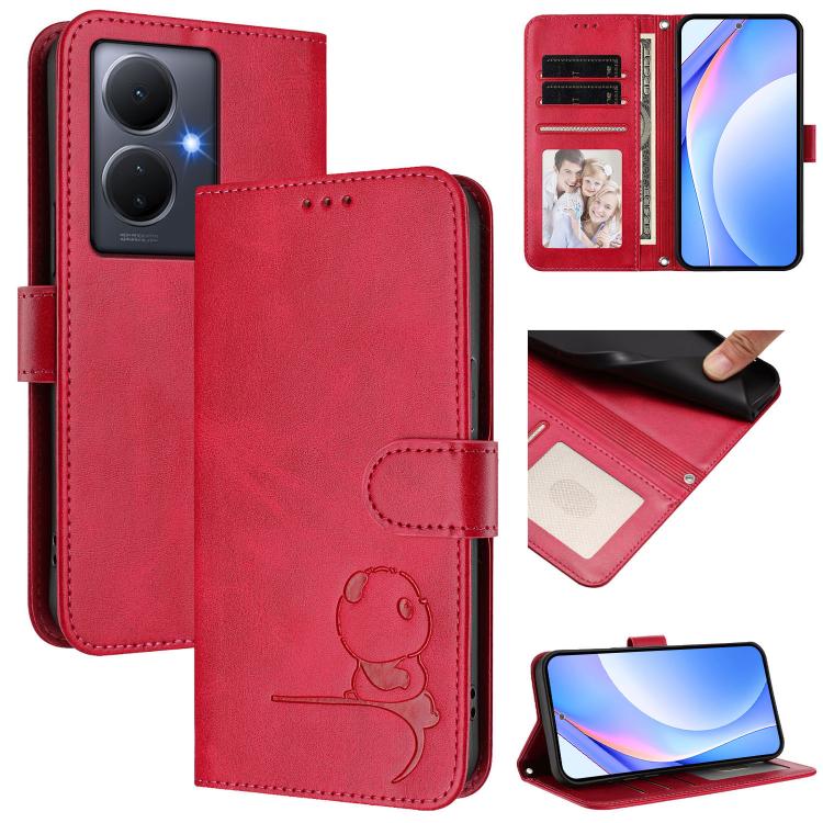 Litter Panda Embossing RFID Leather Phone Case with Lanyard, For vivo Y78+ / Y78 / V29 Lite, For vivo Y56 / Y16 / Y02s, For vivo V27 / V27 Pro, For vivo V27e 4G / S16e 5G / T2 4G