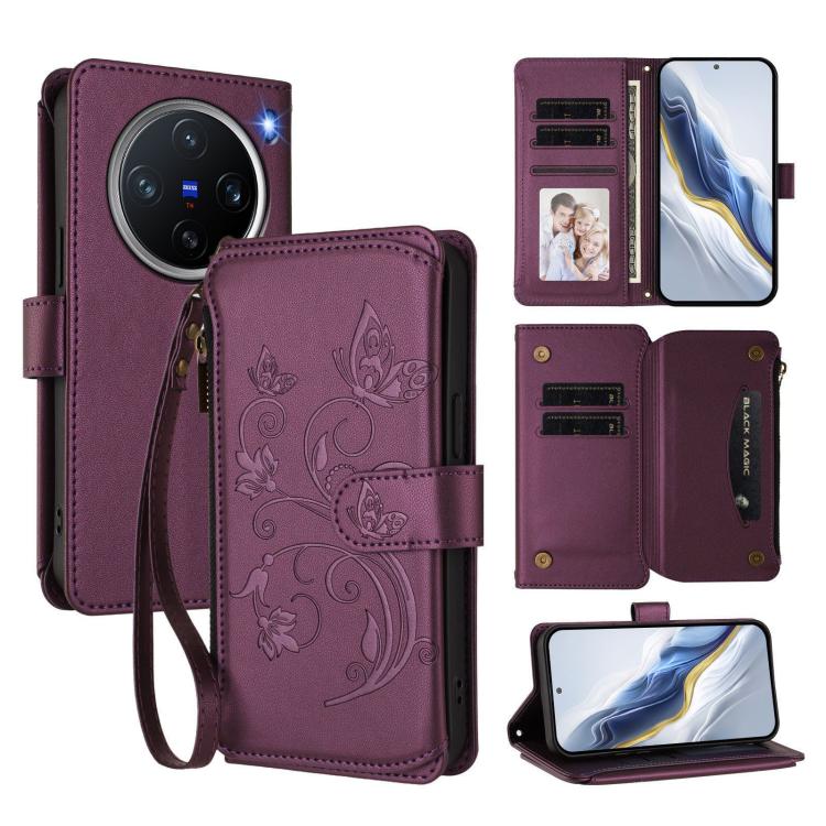 Butterfly Love Flower Multi-card Zipper Wallet Leather Phone Case, For vivo Y300 5G Global / V40 Lite IDN, For vivo X200 5G, For vivo X200 Pro mini