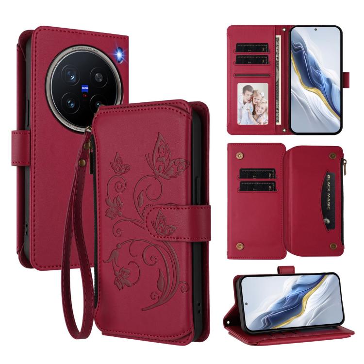 Butterfly Love Flower Multi-card Zipper Wallet Leather Phone Case, For vivo X200 Pro 5G, For vivo Y100 5G IDN / Y200e Global, For vivo V40e 5G India / iQOO Z9s 5G