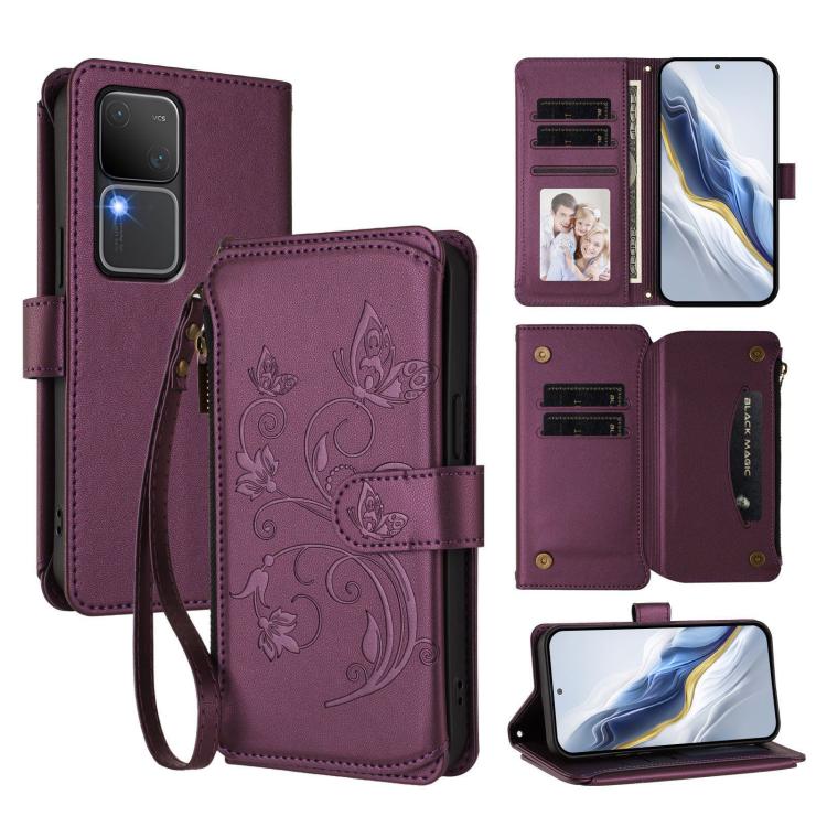 Butterfly Love Flower Multi-card Zipper Wallet Leather Phone Case, For vivo iQOO Z9x, For vivo iQOO Neo Z9 / Z9 Pro Turbo 5G, For vivo S18 / S18 Pro 5G / V30 Pro