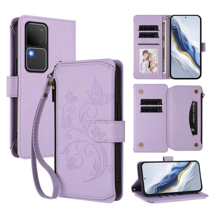 Butterfly Love Flower Multi-card Zipper Wallet Leather Phone Case, For vivo iQOO Z9x, For vivo iQOO Neo Z9 / Z9 Pro Turbo 5G, For vivo S18 / S18 Pro 5G / V30 Pro