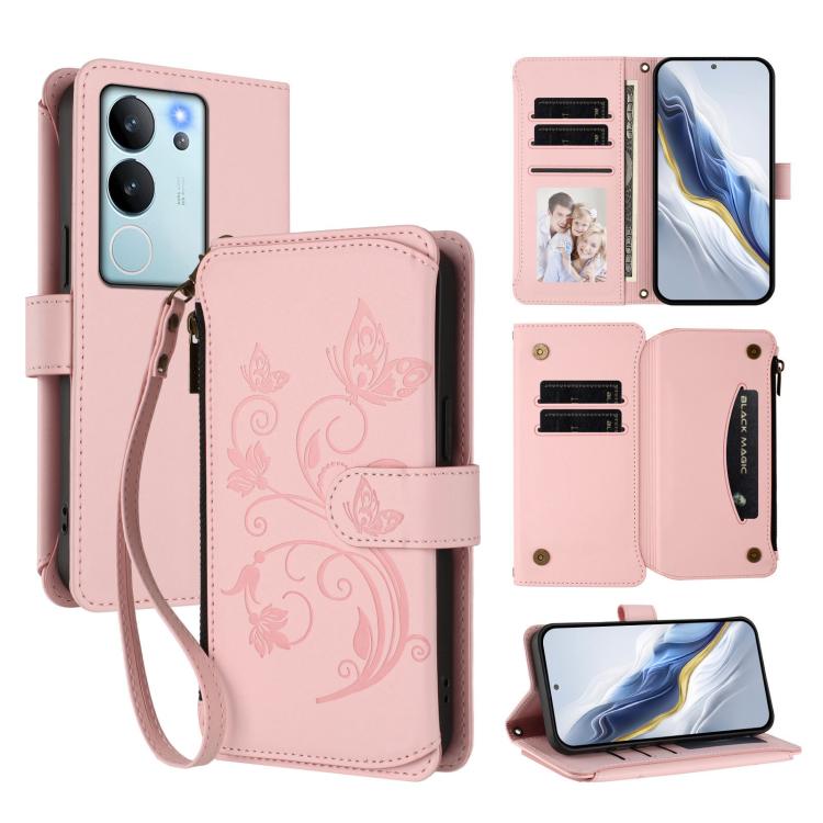 Butterfly Love Flower Multi-card Zipper Wallet Leather Phone Case, For vivo Y17s 4G / Y36 5G / Y33t 2023, For vivo V29e / Y200 / V30 Lite 5G, For vivo Y78 / Y36 4G Global