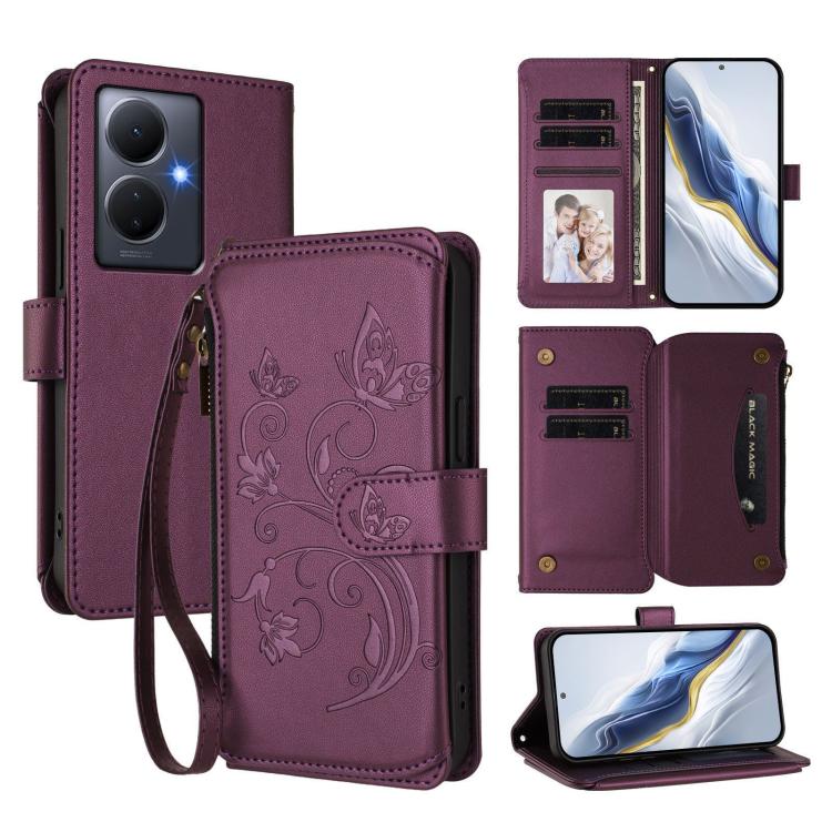 Butterfly Love Flower Multi-card Zipper Wallet Leather Phone Case, For vivo Y02A 4G / Y11 2023 / Y02t, For vivo Y78+ 5G Global / V29 Lite, For vivo Y100 India / Y100A Global