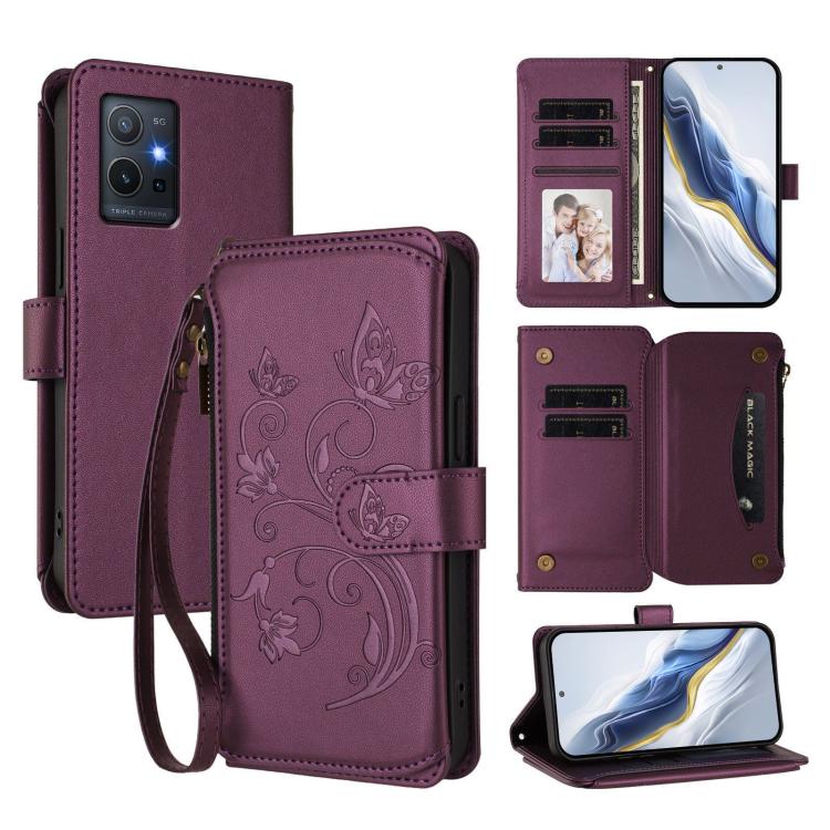 Butterfly Love Flower Multi-card Zipper Wallet Leather Phone Case, For vivo Y55s 5G 2023 / Y55 5G Global