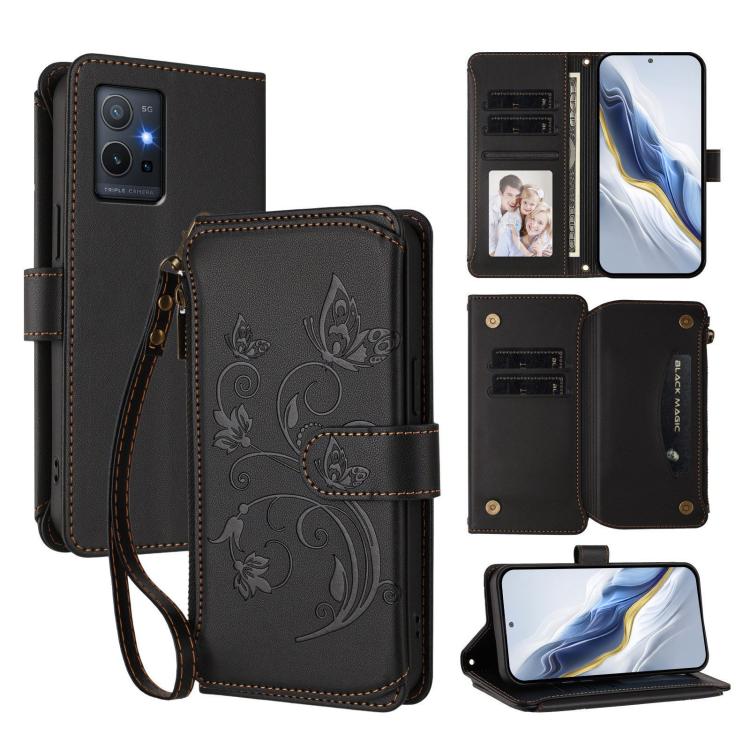 Butterfly Love Flower Multi-card Zipper Wallet Leather Phone Case, For vivo Y55s 5G 2023 / Y55 5G Global