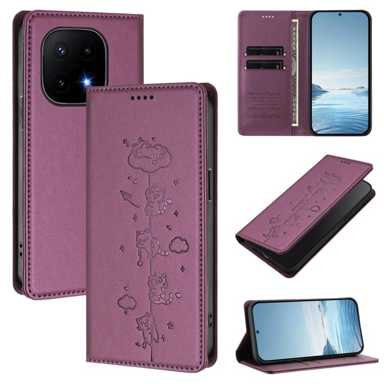 Cute Cats Embossed Magnetic RFID Vegan Leather Phone Case, For vivo Y500 Pro 5G, For vivo iQOO 15 5G