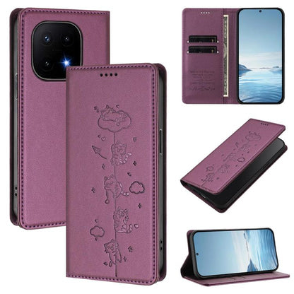Cute Cats Embossed Magnetic RFID Vegan Leather Phone Case, For vivo Y500 Pro 5G, For vivo iQOO 15 5G
