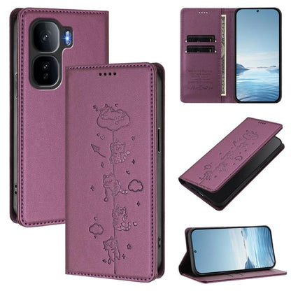 Cute Cats Embossed Magnetic RFID Vegan Leather Phone Case, For vivo Y400 5G / 4G, For vivo iQOO Neo 10+