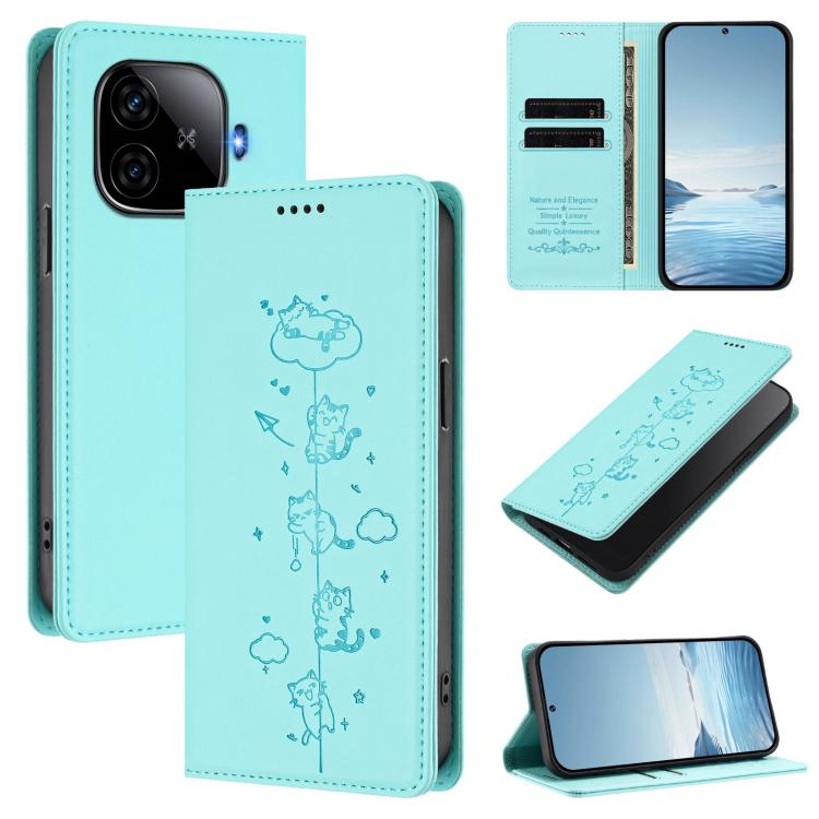 Cute Cats Embossed Magnetic RFID Vegan Leather Phone Case, For vivo iQOO Z9x, For vivo iQOO Z9 5G / Z9 Turbo 5G