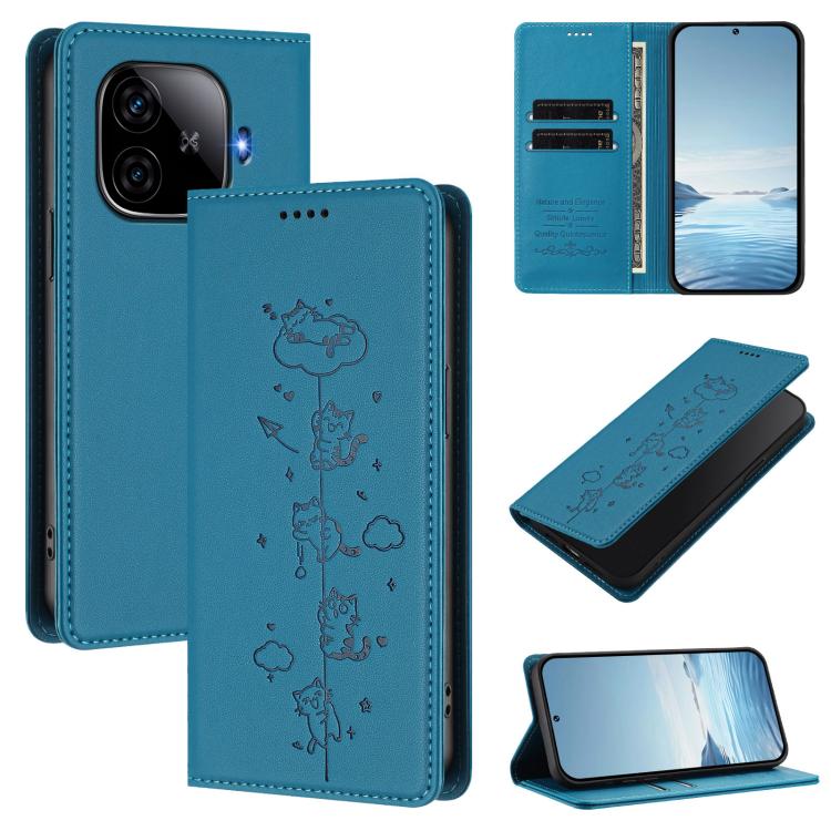 Cute Cats Embossed Magnetic RFID Vegan Leather Phone Case, For vivo iQOO Z9x, For vivo iQOO Z9 5G / Z9 Turbo 5G