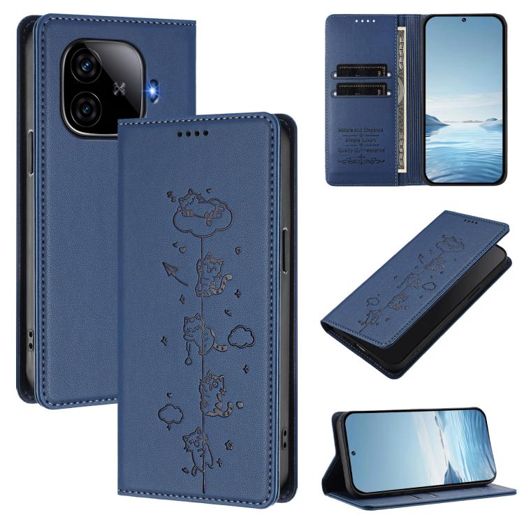 Cute Cats Embossed Magnetic RFID Vegan Leather Phone Case, For vivo iQOO Z9x, For vivo iQOO Z9 5G / Z9 Turbo 5G