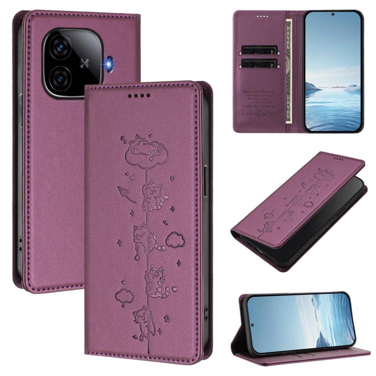 Cute Cats Embossed Magnetic RFID Vegan Leather Phone Case, For vivo iQOO Z9x, For vivo iQOO Z9 5G / Z9 Turbo 5G