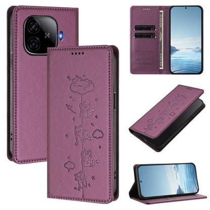 Cute Cats Embossed Magnetic RFID Vegan Leather Phone Case, For vivo iQOO Z9x, For vivo iQOO Z9 5G / Z9 Turbo 5G