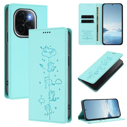 Cute Cats Embossed Magnetic RFID Vegan Leather Phone Case, For vivo V40 / V40 Pro / T3 Ultra 5G, For vivo iQOO Z9s Pro / T3 Pro 5G India