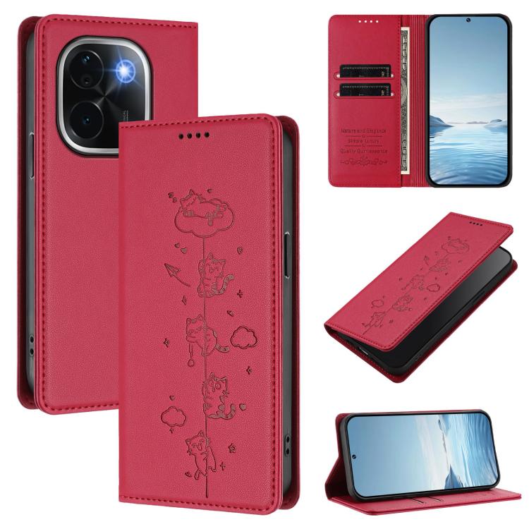 Cute Cats Embossed Magnetic RFID Vegan Leather Phone Case, For vivo V40 / V40 Pro / T3 Ultra 5G, For vivo iQOO Z9s Pro / T3 Pro 5G India
