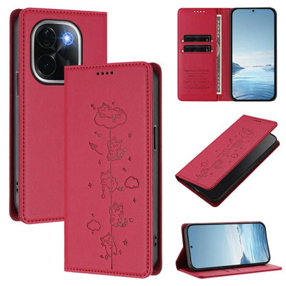Cute Cats Embossed Magnetic RFID Vegan Leather Phone Case, For vivo V40 / V40 Pro / T3 Ultra 5G, For vivo iQOO Z9s Pro / T3 Pro 5G India