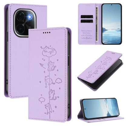 Cute Cats Embossed Magnetic RFID Vegan Leather Phone Case, For vivo V40 / V40 Pro / T3 Ultra 5G, For vivo iQOO Z9s Pro / T3 Pro 5G India