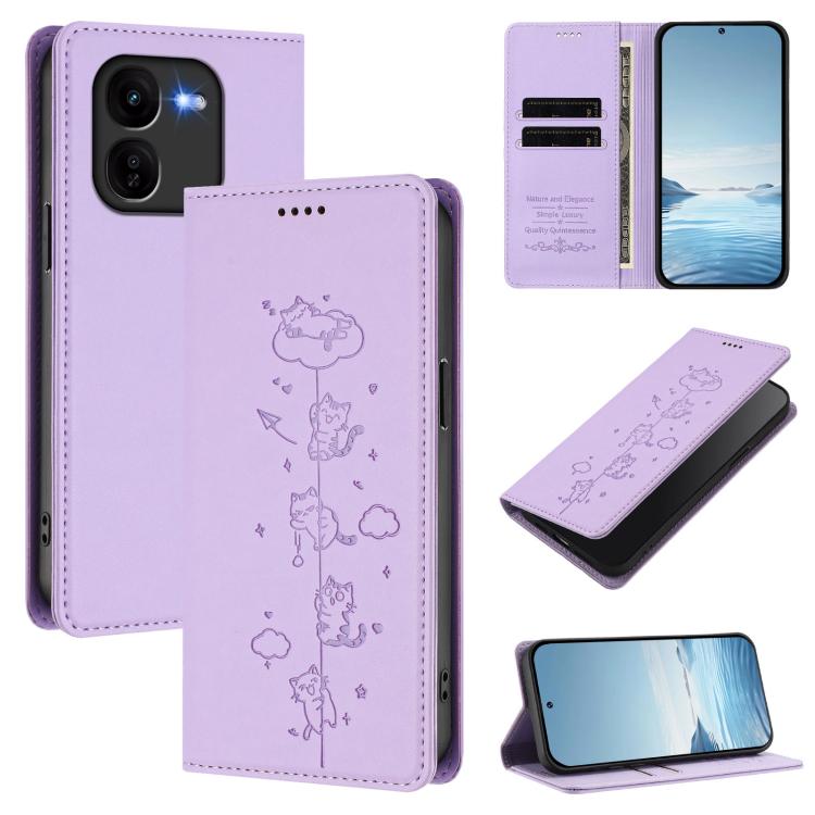 Cute Cats Embossed Magnetic RFID Vegan Leather Phone Case, For vivo iQOO Z9x, For vivo iQOO Z9 5G / Z9 Turbo 5G