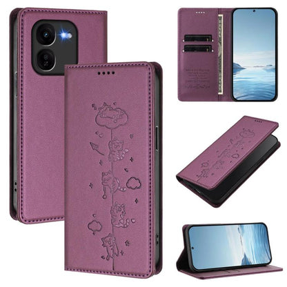 Cute Cats Embossed Magnetic RFID Vegan Leather Phone Case, For vivo iQOO Z9x, For vivo iQOO Z9 5G / Z9 Turbo 5G