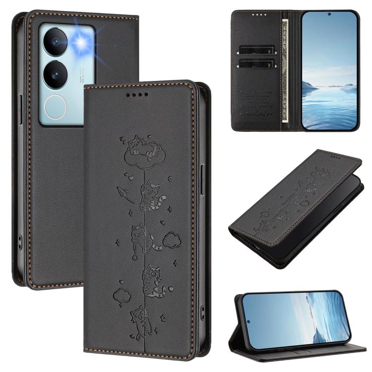 Cute Cats Embossed Magnetic RFID Vegan Leather Phone Case, For vivo S17 / S17 Pro / V29 / V29 Pro 5G, For vivo Y17s 4G