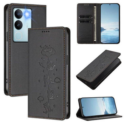Cute Cats Embossed Magnetic RFID Vegan Leather Phone Case, For vivo S17 / S17 Pro / V29 / V29 Pro 5G, For vivo Y17s 4G
