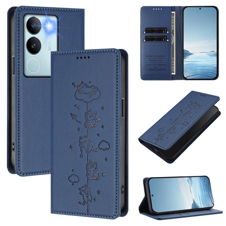 Cute Cats Embossed Magnetic RFID Vegan Leather Phone Case, For vivo S17 / S17 Pro / V29 / V29 Pro 5G, For vivo Y17s 4G