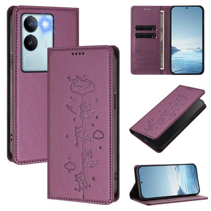 Cute Cats Embossed Magnetic RFID Vegan Leather Phone Case, For vivo S17 / S17 Pro / V29 / V29 Pro 5G, For vivo Y17s 4G