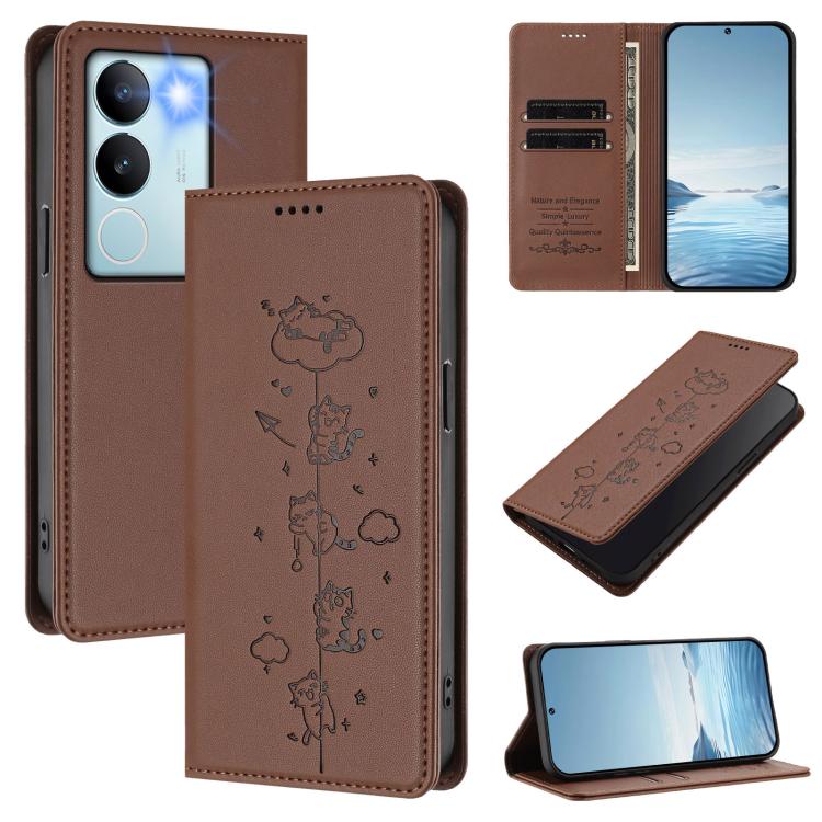 Cute Cats Embossed Magnetic RFID Vegan Leather Phone Case, For vivo S17 / S17 Pro / V29 / V29 Pro 5G, For vivo Y17s 4G