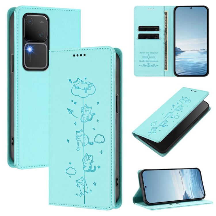 Cute Cats Embossed Magnetic RFID Vegan Leather Phone Case, For vivo Y100 5G / T3 5G IDN, For vivo S18 / S18 Pro / V30 / V30 Pro 5G