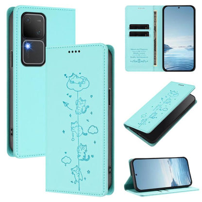 Cute Cats Embossed Magnetic RFID Vegan Leather Phone Case, For vivo Y100 5G / T3 5G IDN, For vivo S18 / S18 Pro / V30 / V30 Pro 5G