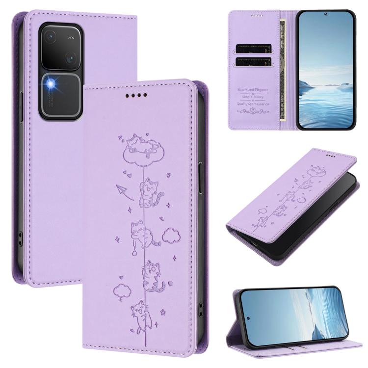 Cute Cats Embossed Magnetic RFID Vegan Leather Phone Case, For vivo Y100 5G / T3 5G IDN, For vivo S18 / S18 Pro / V30 / V30 Pro 5G
