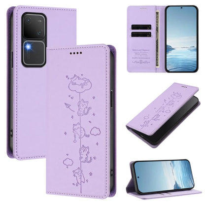 Cute Cats Embossed Magnetic RFID Vegan Leather Phone Case, For vivo Y100 5G / T3 5G IDN, For vivo S18 / S18 Pro / V30 / V30 Pro 5G