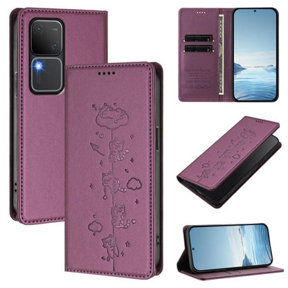 Cute Cats Embossed Magnetic RFID Vegan Leather Phone Case, For vivo Y100 5G / T3 5G IDN, For vivo S18 / S18 Pro / V30 / V30 Pro 5G