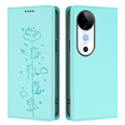 Cute Cats Embossed Magnetic RFID Vegan Leather Phone Case, For vivo S19, For vivo Y28 4G