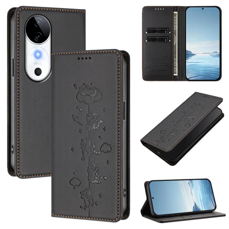 Cute Cats Embossed Magnetic RFID Vegan Leather Phone Case, For vivo S19, For vivo Y28 4G