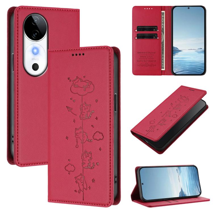 Cute Cats Embossed Magnetic RFID Vegan Leather Phone Case, For vivo S19, For vivo Y28 4G