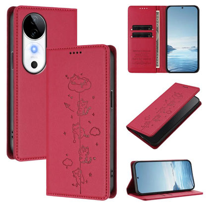 Cute Cats Embossed Magnetic RFID Vegan Leather Phone Case, For vivo S19, For vivo Y28 4G