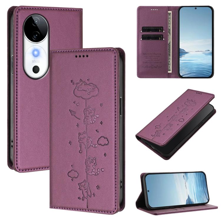 Cute Cats Embossed Magnetic RFID Vegan Leather Phone Case, For vivo S19, For vivo Y28 4G