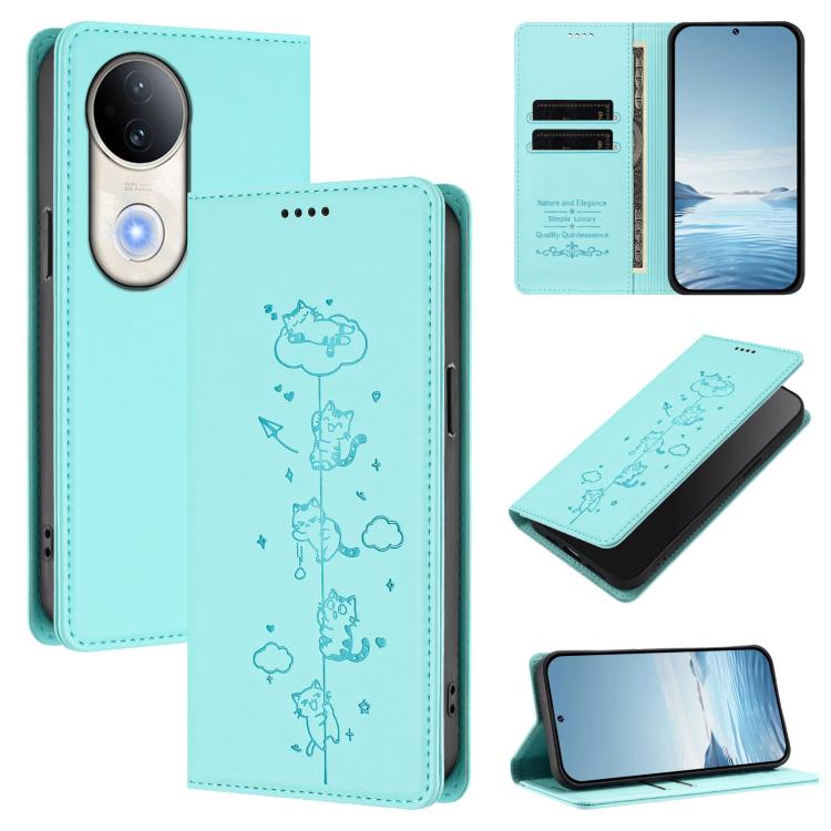 Cute Cats Embossed Magnetic RFID Vegan Leather Phone Case, For vivo Y29 5G India / Y19s 4G, For vivo S20 5G