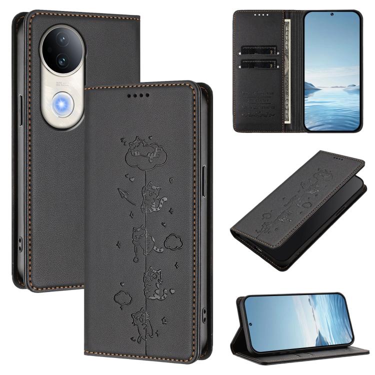 Cute Cats Embossed Magnetic RFID Vegan Leather Phone Case, For vivo Y29 5G India / Y19s 4G, For vivo S20 5G