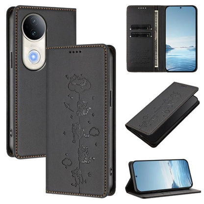 Cute Cats Embossed Magnetic RFID Vegan Leather Phone Case, For vivo Y29 5G India / Y19s 4G, For vivo S20 5G