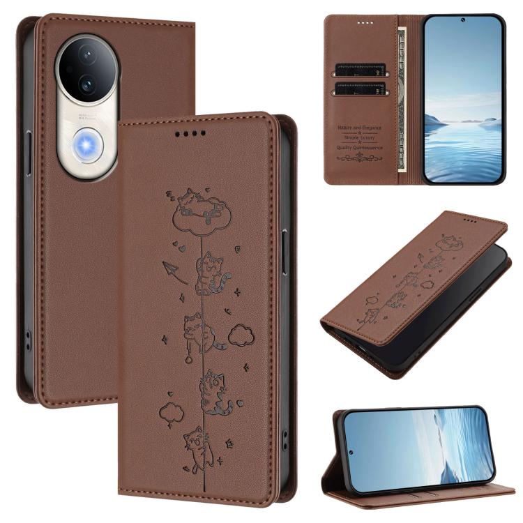 Cute Cats Embossed Magnetic RFID Vegan Leather Phone Case, For vivo Y29 5G India / Y19s 4G, For vivo S20 5G