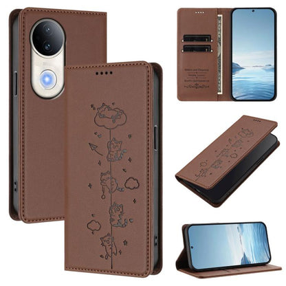 Cute Cats Embossed Magnetic RFID Vegan Leather Phone Case, For vivo Y29 5G India / Y19s 4G, For vivo S20 5G