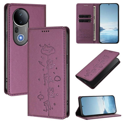 Cute Cats Embossed Magnetic RFID Vegan Leather Phone Case, For vivo S20 Pro 5G, For vivo V40 Lite 5G / 4G / Y300 5G IDN