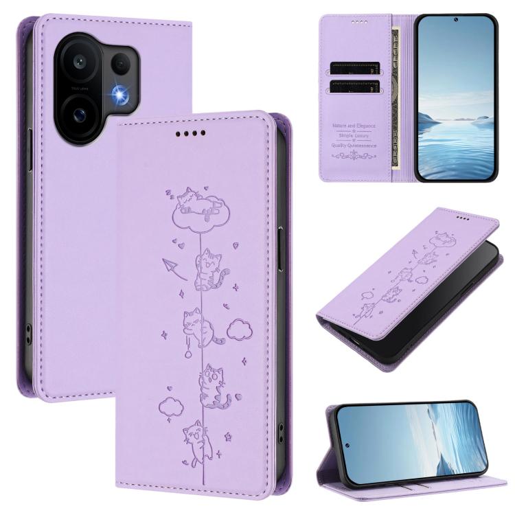 Cute Cats Embossed Magnetic RFID Vegan Leather Phone Case, For vivo Y400 Pro 5G, For vivo S30