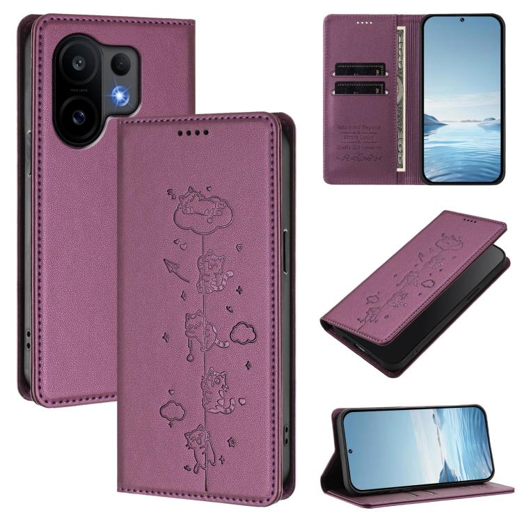 Cute Cats Embossed Magnetic RFID Vegan Leather Phone Case, For vivo Y400 Pro 5G, For vivo S30
