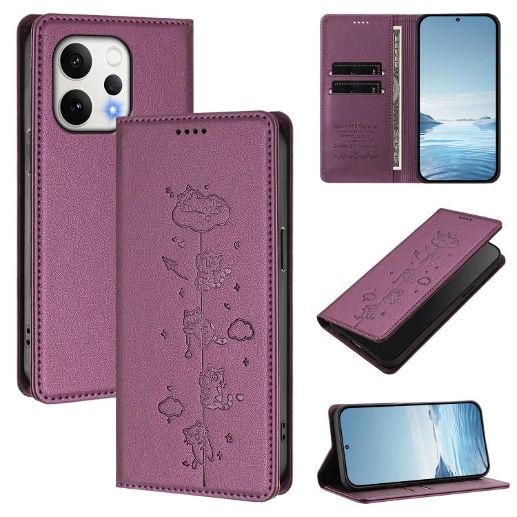 Cute Cats Embossed Magnetic RFID Vegan Leather Phone Case, For vivo S50 5G, For vivo V60 5G / V60e 5G