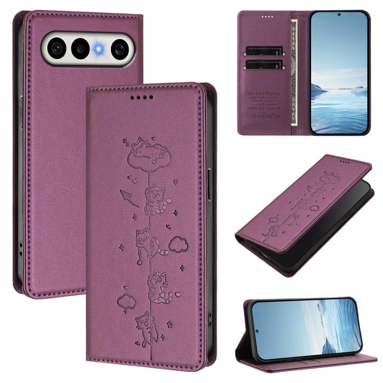 Cute Cats Embossed Magnetic RFID Vegan Leather Phone Case, For vivo X300 Ultra, For vivo S50 Pro mini 5G