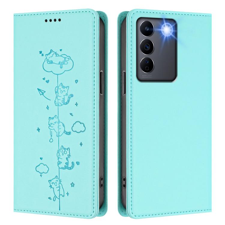 Cute Cats Embossed Magnetic RFID Vegan Leather Phone Case, For vivo V27 / V27 Pro 5G, For vivo V27e / T2 4G